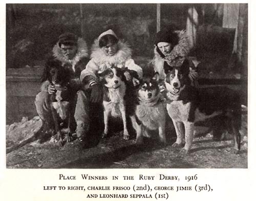 Winners of the 1916 Ruby Dog Derby showing Leonhard Seppala and Scotty