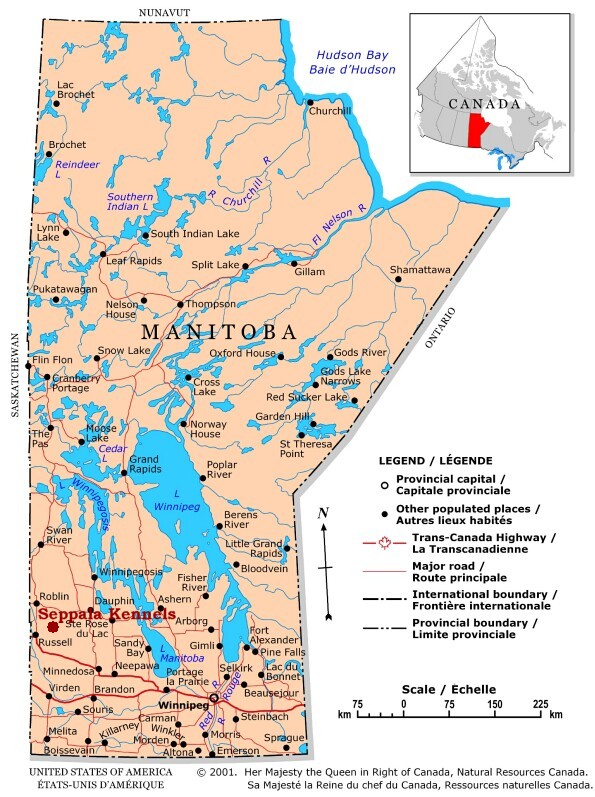 Map of Manitoba showing new Seppala Kennels location
